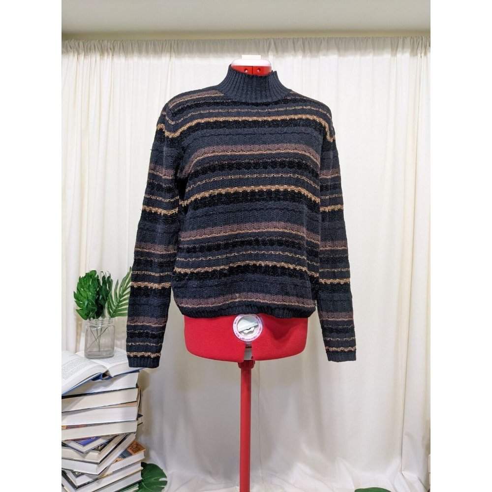 LORD & TAYLOR Women Glitter Knit Sweater Turtleneck Striped MEDIUM(8-10)